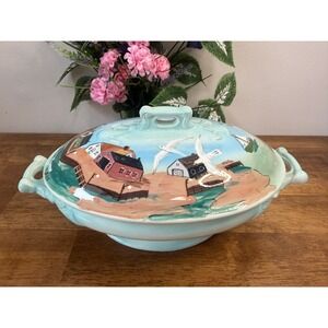 Vintage Jan‎ Blair Nova Scotia Hand Painted Coastal Village Covered Dish